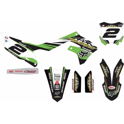 Kit autocolantes mota Kawasaki verde, preto e branco com número 2 e várias marcas