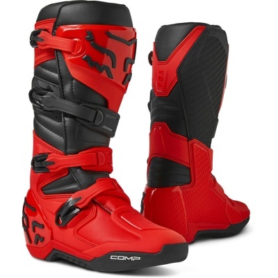 Botas de motocross vermelhas e pretas com fivelas e sola preta