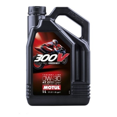 Recipiente preto de óleo para motos Motul 300V 0W-30 5L com etiqueta vermelha e preta