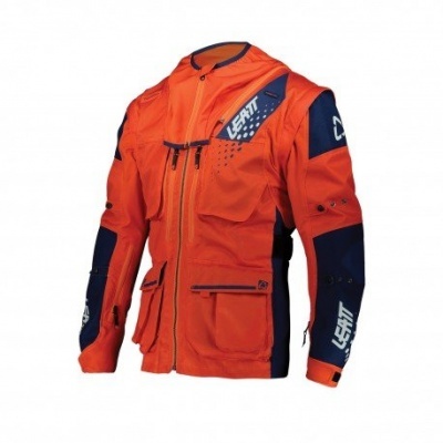 Casaco desportivo laranja e azul com bolsos e texto LEATT