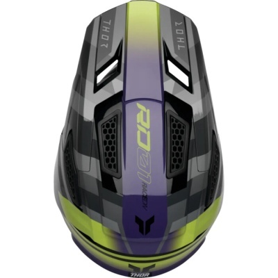 Capacete de motocross colorido com ventilações e texto THOR
