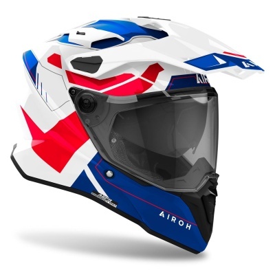 Capacete motocross azul, branco e vermelho com viseira transparente e marca AIROH