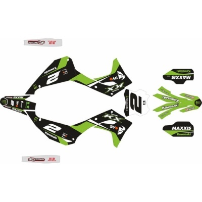 Autocolantes para motocross em verde, preto e branco com logótipos Kawasaki e Monster
