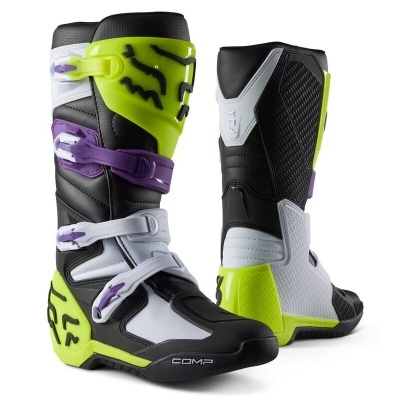 Botas motocross cores preto, amarelo-limão, branco e lilás com fechos ajustáveis e detalhe COMP