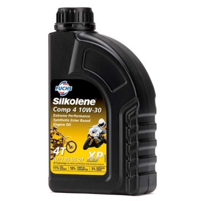 Frasco preto de óleo para motor Silkolene Comp 4 10W-30 com etiqueta amarela e imagem de motocicleta