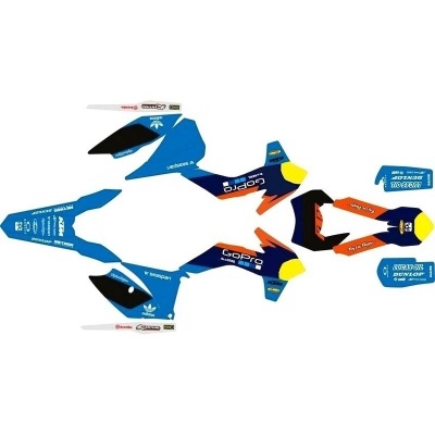 Conjunto de autocolantes de cores azul, preto, laranja e amarelo para motos com múltiplos logótipos e texto.