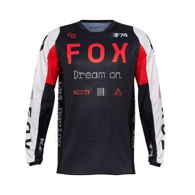 Camisola desportiva preta, branca e vermelha com texto FOX Dream on.