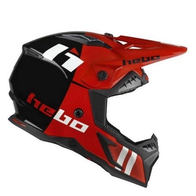 Capacete integral para motocross vermelho, preto e branco com texto hebo e número 11