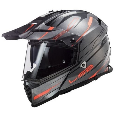capacete integral cinza com detalhes vermelhos e visor transparente