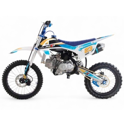 Motocross azul branco preto amarelo com número 23 e inscrição REXO
