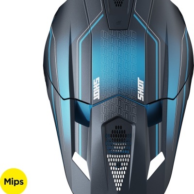 Capacete de ciclismo cinza e azul com ventilação e etiquetas SHOT