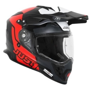 Capacete integral de mota preto com detalhes vermelhos e texto branco