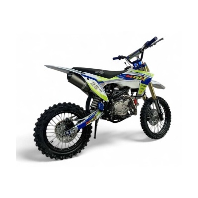 Moto de motocross azul, branco e amarelo em fundo branco