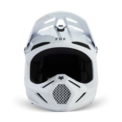 Capacete motocross branco com texto FOX frontal