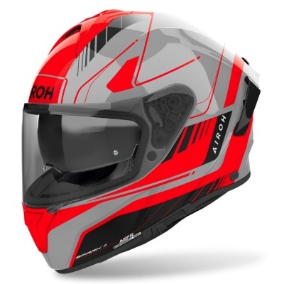 Capacete integral vermelho, cinzento e preto com visor escuro e texto AIROH