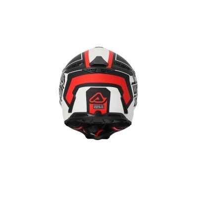Capacete de mota preto, branco e vermelho visto de trás