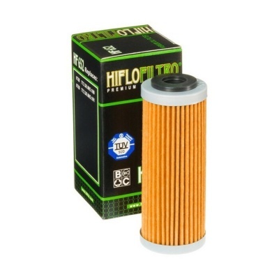 Filtro Hiflofiltro premium laranja com caixa preta e verde