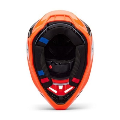 Capacete de motocross laranja visto de cima com interior preto acolchoado