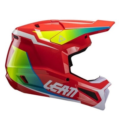 Capacete integral motocross vermelho com detalhes coloridos e logo LEATT