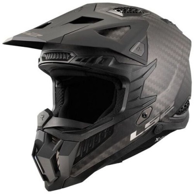 Capacete motocross integral preto em fibra de carbono com viseira e ventilações