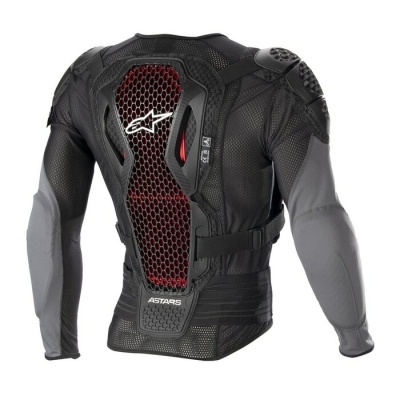 Camisa de proteção motorizada preta com painel dorsal vermelho e preto