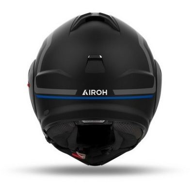 Capacete de motociclista preto mate com detalhes em cinza e azul da marca AIROH