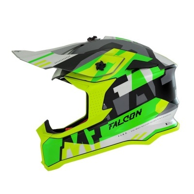 Capacete de motocross verde, amarelo, preto e cinza com texto FALCON