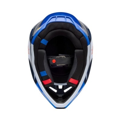 Capacete de motocross azul, branco e preto visto de cima