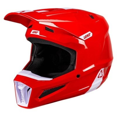 Capacete integral vermelho com detalhes brancos e texto LEATT