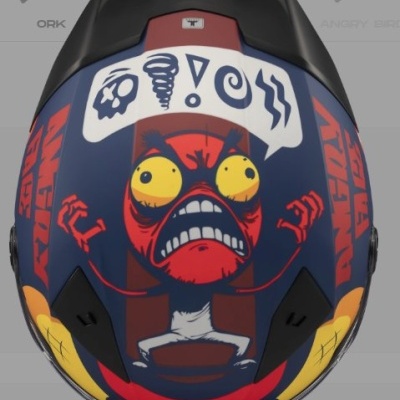 Capacete de motociclismo com design colorido e personagem animado zangado