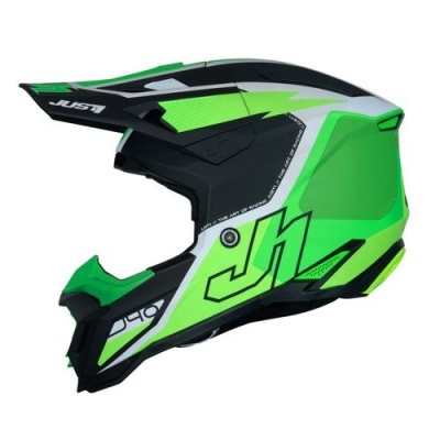 Capacete de motocross verde com detalhes pretos e brancos com texto JH e JSH