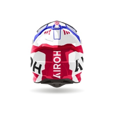 Capacete de mota integral branco, vermelho, azul e preto com texto AIROH