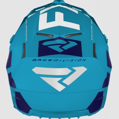 Capacete azul com texto RACE DIVISION visto de cima