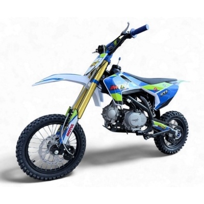 Motocross azul, branco e verde com pneus comportados e suspensão dourada