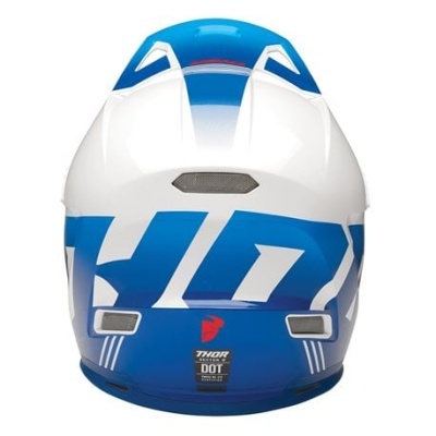 Capacete motocross azul e branco visto de trás