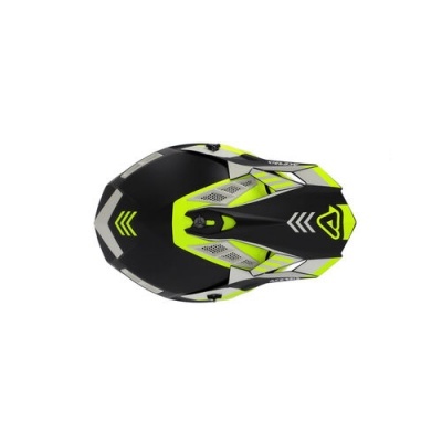 Capacete motociclismo preto fosco com detalhes amarelo fluorescente e padrões geométricos.