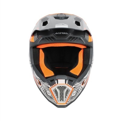 Capacete integral com acolchoamento laranja e padrão geométrico.
