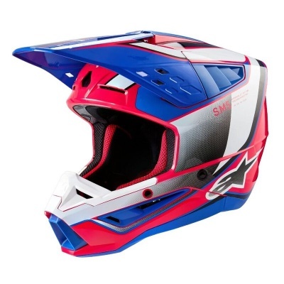 Capacete de motocross azul, vermelho, branco e preto com design aerodinâmico e logo Alpinestars