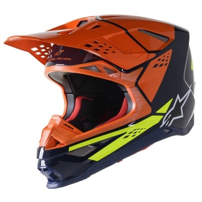 Capacete integral motocross laranja e preto com detalhes amarelo fluorescente e vermelho