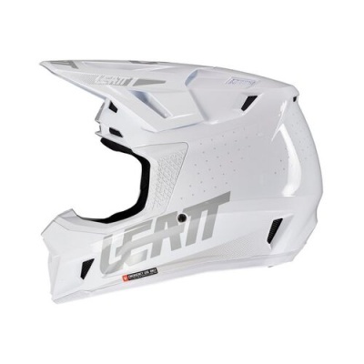 Capacete integral branco com texto cinza LEATT e detalhes em preto