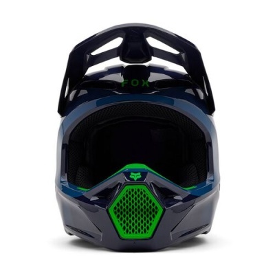 Capacete integral motocross azul escuro com detalhes verdes e interior acolchoado preto