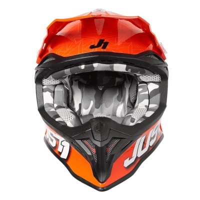 Capacete de motocross laranja com padrão camuflado interior e texto 'JOSH' nas laterais