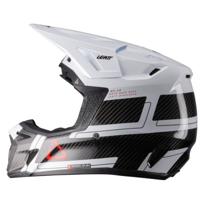Capacete integral motocross branco com detalhes em fibra de carbono preta e texto LEATT