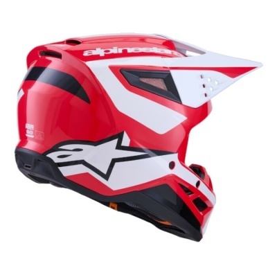 Capacete motocross vermelho, branco e preto com texto alpinestars e logotipo