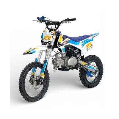 Mota motocross branca e azul com numero 23 e decoracoes com texto