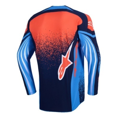 Camisola motocross manga comprida azul, laranja e preto com estrela laranja e branca nas costas