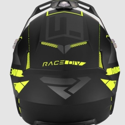 Capacete preto com detalhes amarelo fluorescente e texto 'RACE'