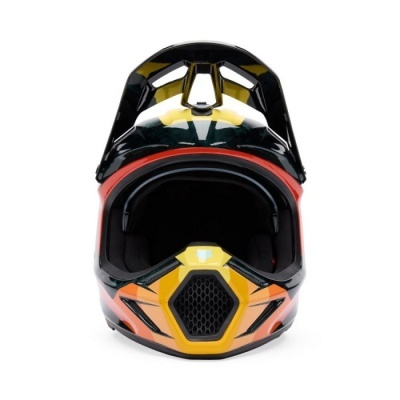 Capacete integral preto, amarelo, laranja e vermelho para motocross ou bicicleta.