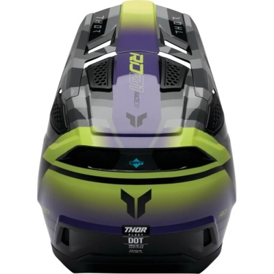 Capacete de motocross cinza, amarelo e roxo com texto THOR FLEET DOT