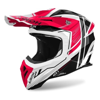 Capacete de motocross branco, vermelho e preto com texto AIROH e ACE 2